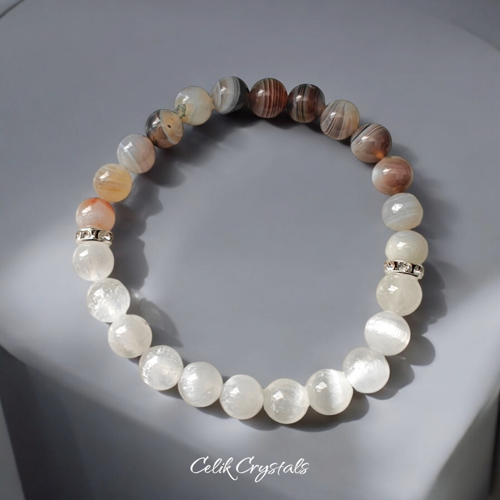Botwana Agate, Selenite Bracelet Natural Stones 8mm Stretches Healing Bracelet